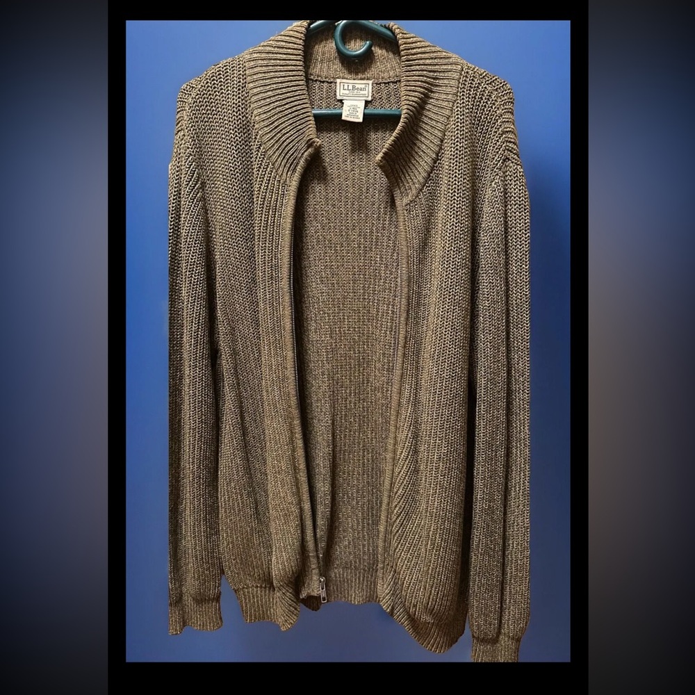 VINTAGE LL Bean Rib Knit Full Zip Sweater Jacket Mens LARGE Cotton, Olive Green
